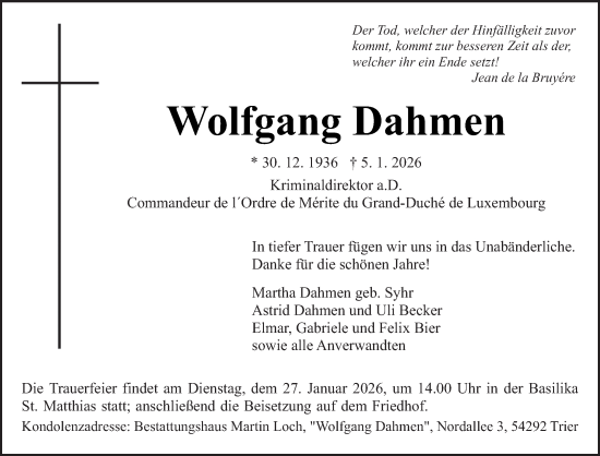 Traueranzeige von Wolfgang Dahmen von trierischer_volksfreund