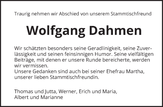 Traueranzeige von Wolfgang Dahmen von trierischer_volksfreund