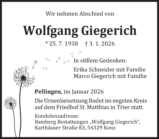 Traueranzeige von Wolfgang Giegerich von trierischer_volksfreund