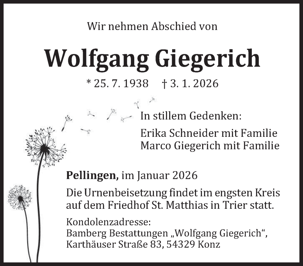  Traueranzeige für Wolfgang Giegerich vom 10.01.2026 aus trierischer_volksfreund