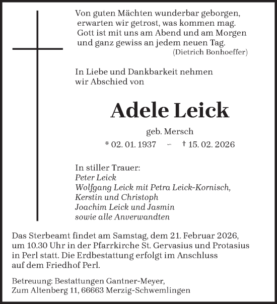 Traueranzeige von Adele Leick von trierischer_volksfreund
