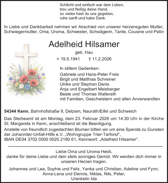 Traueranzeige von Adelheid Hilsamer von trierischer_volksfreund