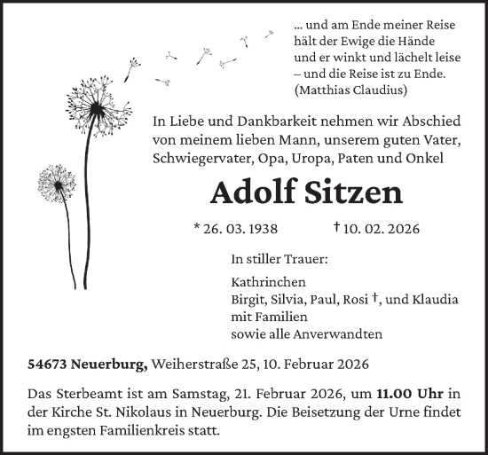 Traueranzeige von Adolf Sitzen von trierischer_volksfreund