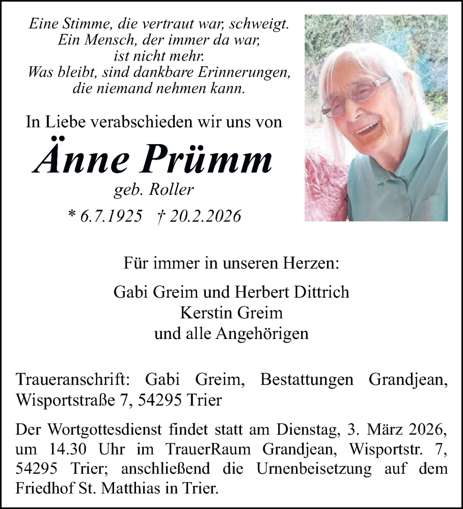  Traueranzeige für Änne Prümm vom 28.02.2026 aus trierischer_volksfreund