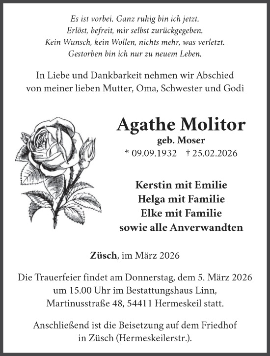 Traueranzeige von Agathe Molitor von trierischer_volksfreund