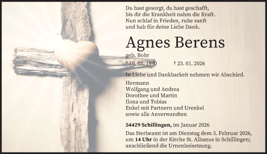 Traueranzeige von Agnes Berens von trierischer_volksfreund