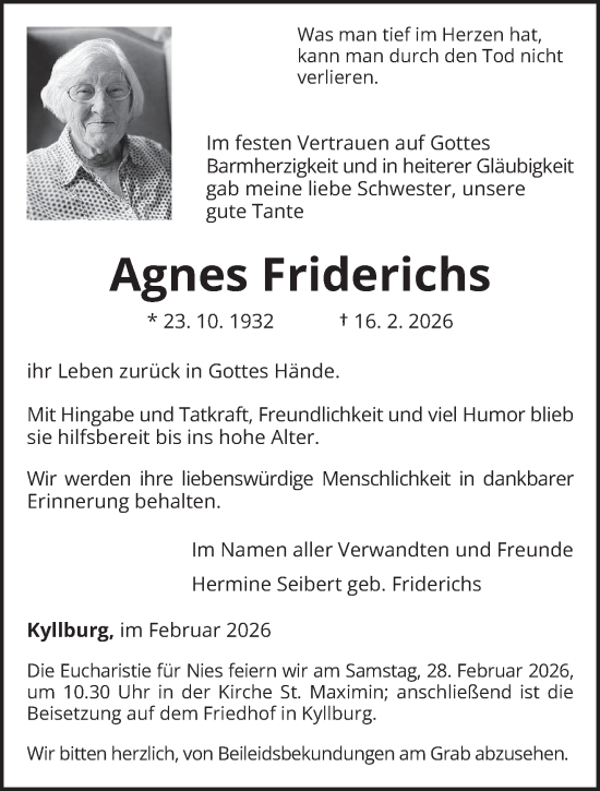 Traueranzeige von Agnes Friderichs von trierischer_volksfreund