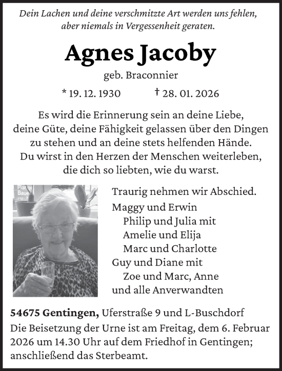 Traueranzeige von Agnes Jacoby von trierischer_volksfreund