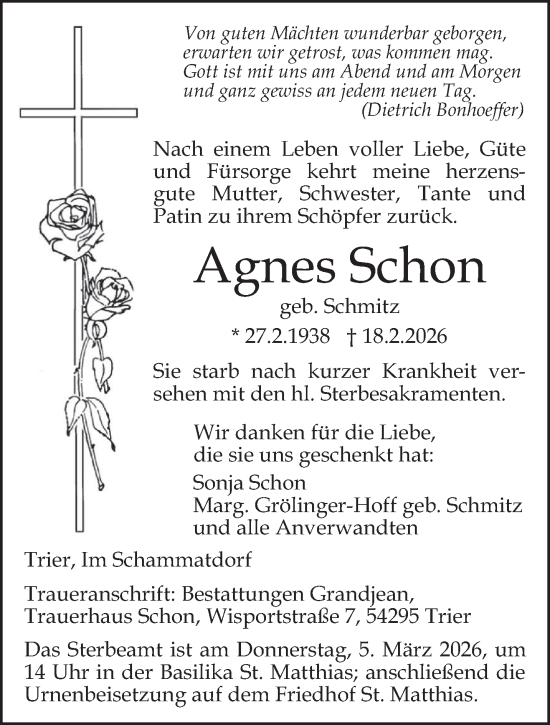 Traueranzeige von Agnes Schon von trierischer_volksfreund