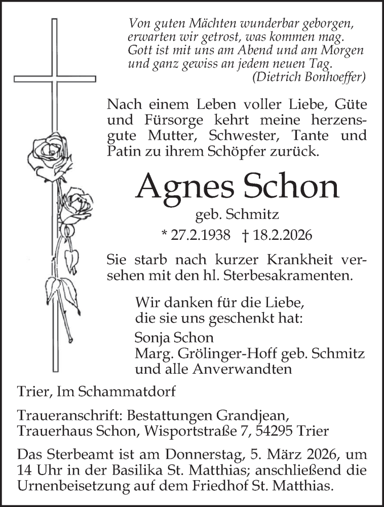  Traueranzeige für Agnes Schon vom 28.02.2026 aus trierischer_volksfreund
