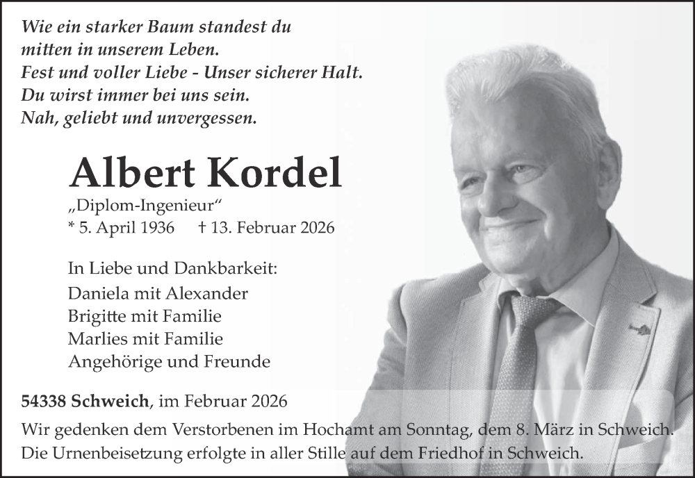  Traueranzeige für Albert Kordel vom 28.02.2026 aus trierischer_volksfreund