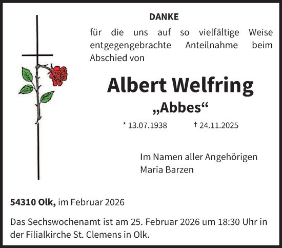 Traueranzeige von Albert Welfring von trierischer_volksfreund