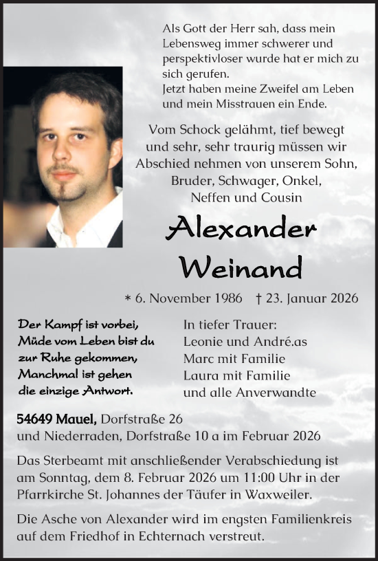 Traueranzeige von Alexander Weinand von trierischer_volksfreund