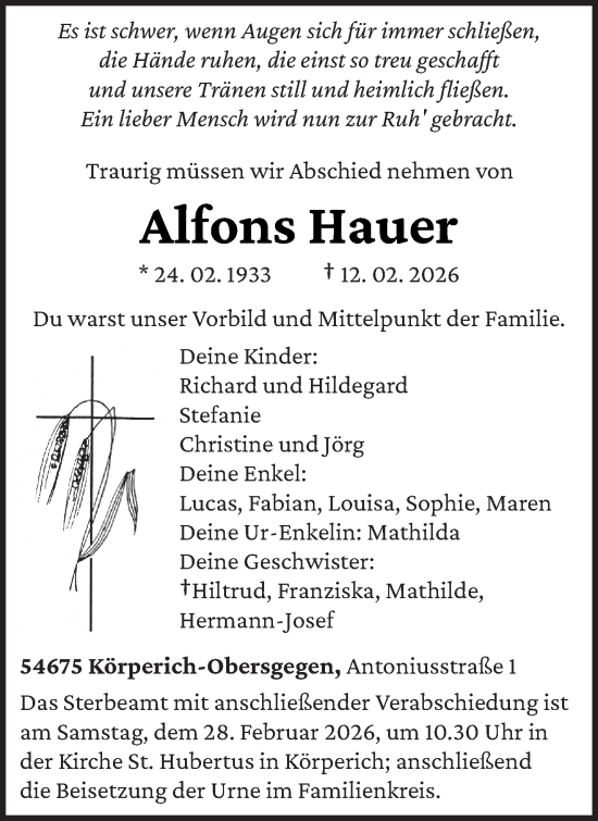 Traueranzeige von Alfons Hauer von trierischer_volksfreund