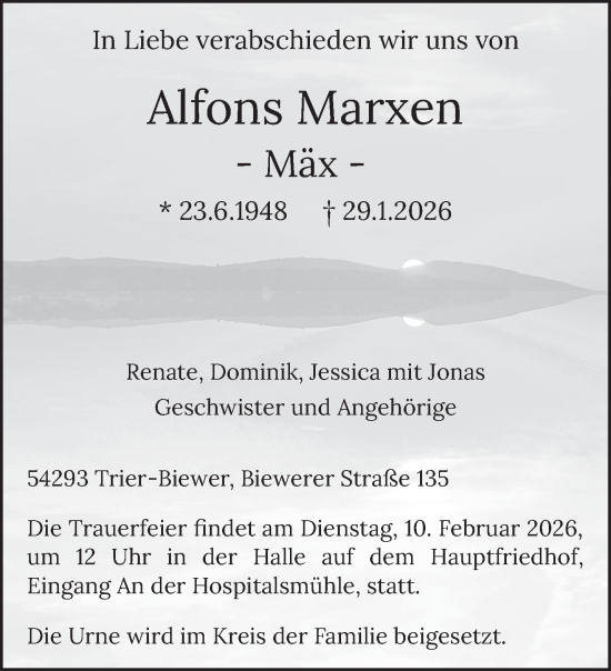Traueranzeige von Alfons Marxen von trierischer_volksfreund