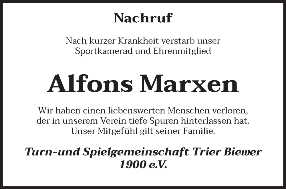  Traueranzeige für Alfons Marxen vom 04.02.2026 aus trierischer_volksfreund