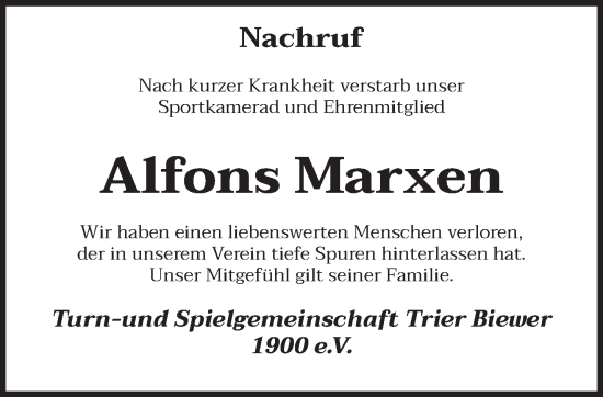 Traueranzeige von Alfons Marxen von trierischer_volksfreund