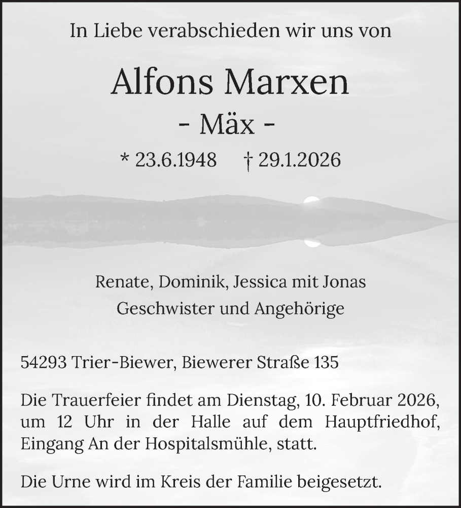  Traueranzeige für Alfons Marxen vom 04.02.2026 aus trierischer_volksfreund