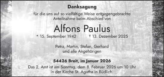 Traueranzeige von Alfons Paulus von trierischer_volksfreund