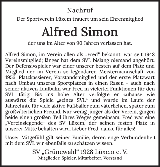 Traueranzeige von Alfred Simon von trierischer_volksfreund
