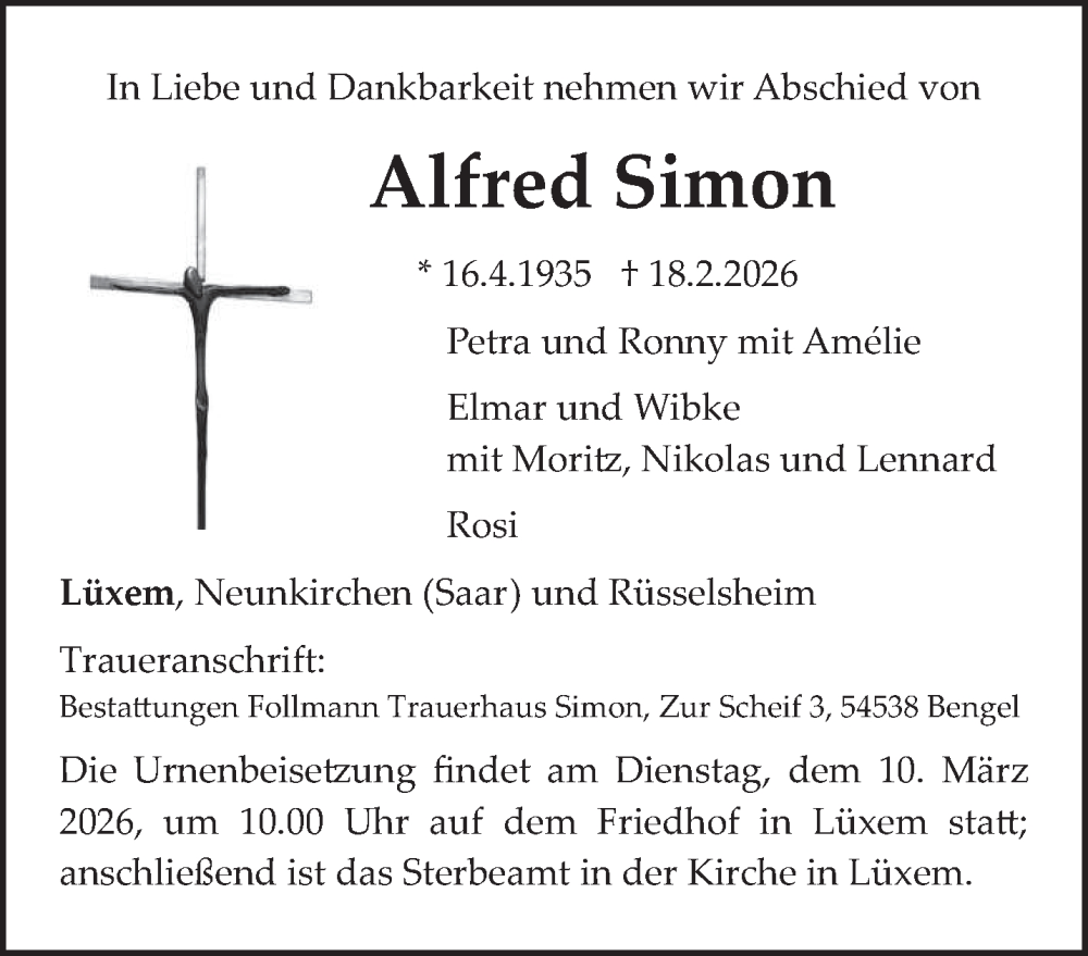  Traueranzeige für Alfred Simon vom 28.02.2026 aus trierischer_volksfreund
