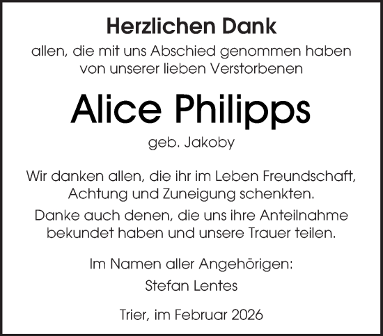 Traueranzeige von Alice Philipps von trierischer_volksfreund