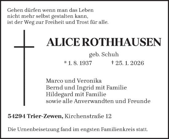 Traueranzeige von Alice Rothhausen von trierischer_volksfreund