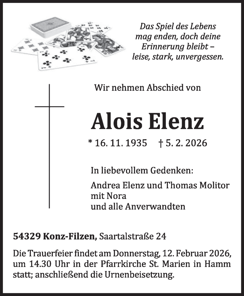  Traueranzeige für Alois Elenz vom 10.02.2026 aus trierischer_volksfreund