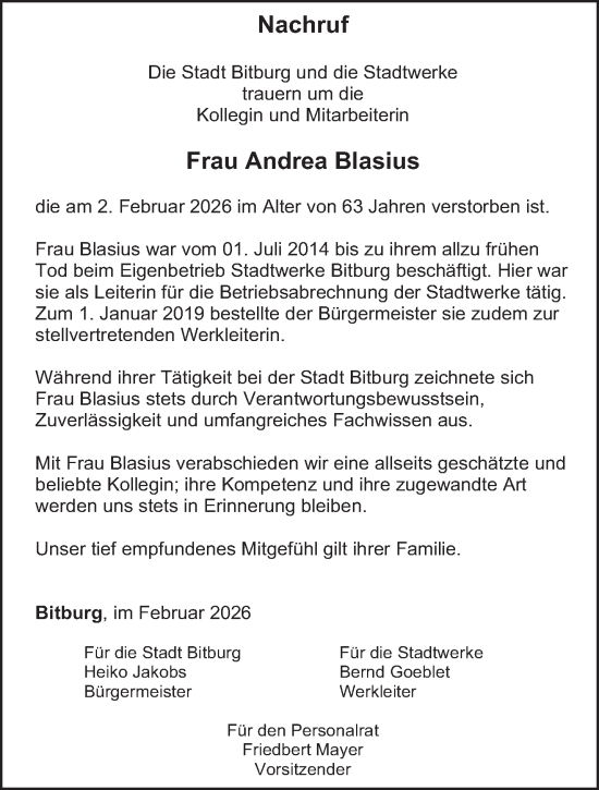 Traueranzeige von Andrea Blasius von trierischer_volksfreund