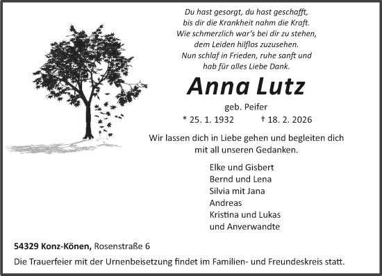 Traueranzeige von Anna Lutz von trierischer_volksfreund
