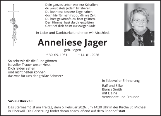 Traueranzeige von Anneliese Jager von trierischer_volksfreund