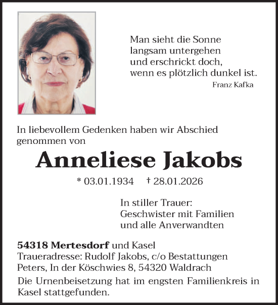 Traueranzeige von Anneliese Jakobs von trierischer_volksfreund