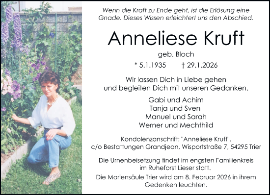 Traueranzeige von Anneliese Kruft von trierischer_volksfreund
