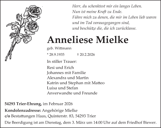Traueranzeige von Anneliese Mielke von trierischer_volksfreund