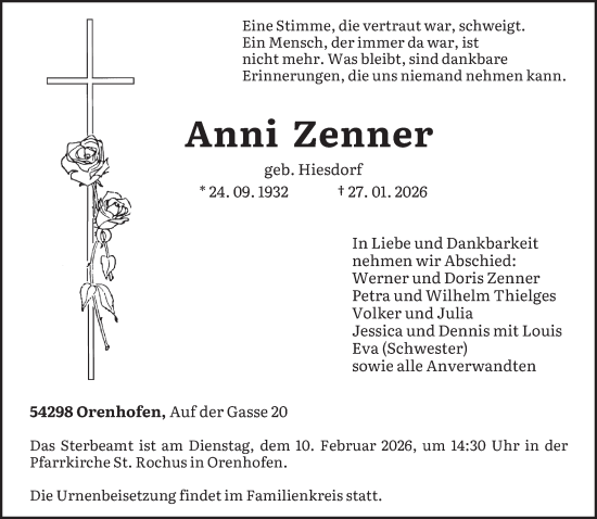 Traueranzeige von Anni Zenner von trierischer_volksfreund
