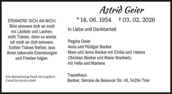 Traueranzeige von Astrid Geier von trierischer_volksfreund