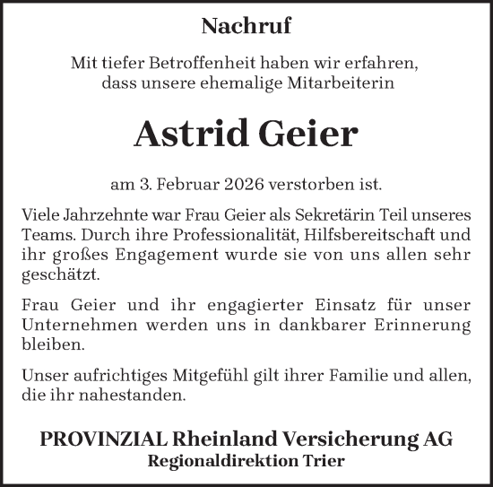 Traueranzeige von Astrid Geier von trierischer_volksfreund