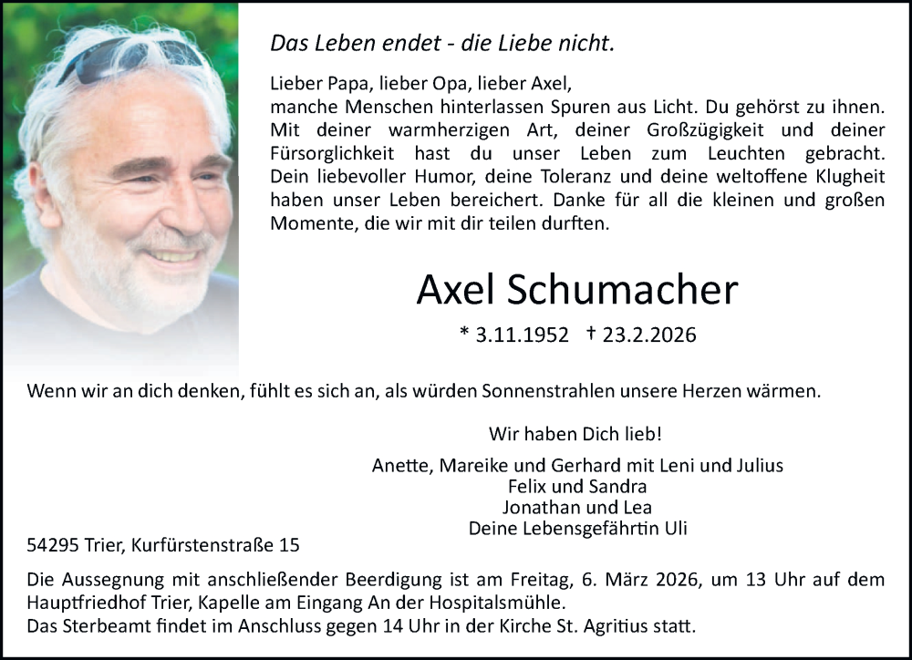  Traueranzeige für Axel Schumacher vom 28.02.2026 aus trierischer_volksfreund