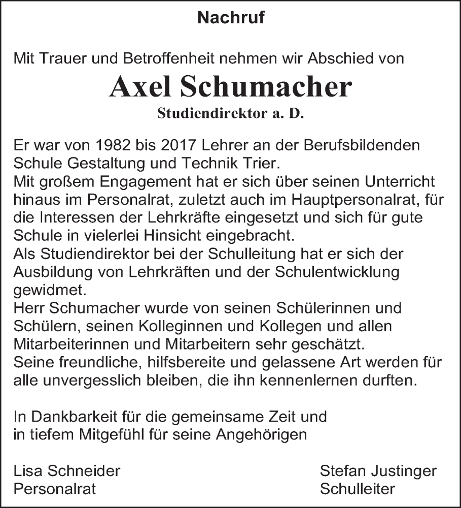  Traueranzeige für Axel Schumacher vom 28.02.2026 aus trierischer_volksfreund