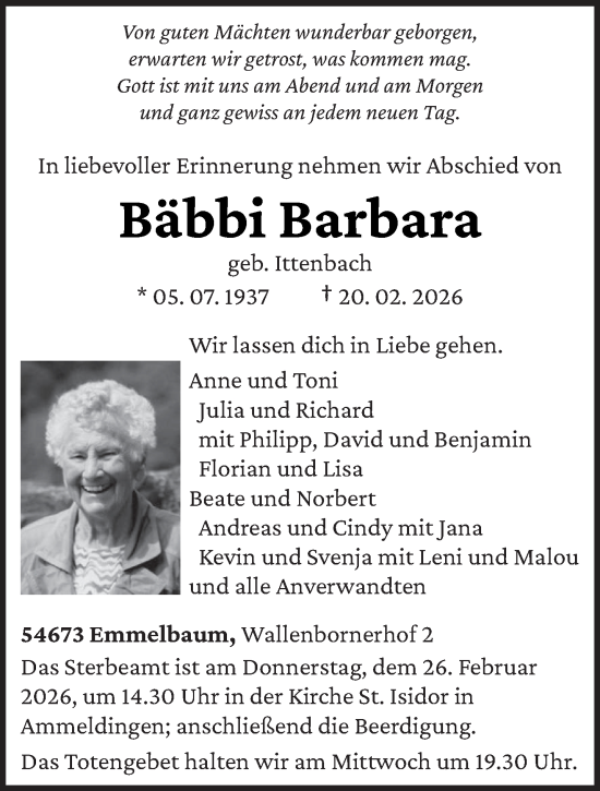 Traueranzeige von Bäbbi Barbara von trierischer_volksfreund