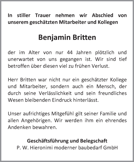Traueranzeige von Benjamin Britten von trierischer_volksfreund
