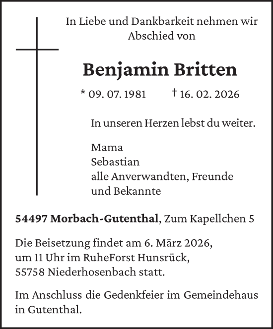 Traueranzeige von Benjamin Britten von trierischer_volksfreund