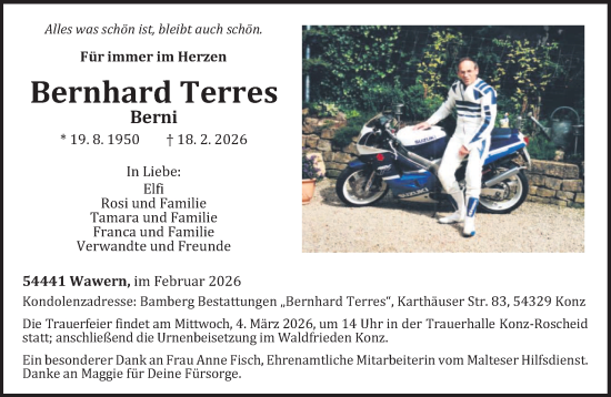 Traueranzeige von Bernhard Terres von trierischer_volksfreund