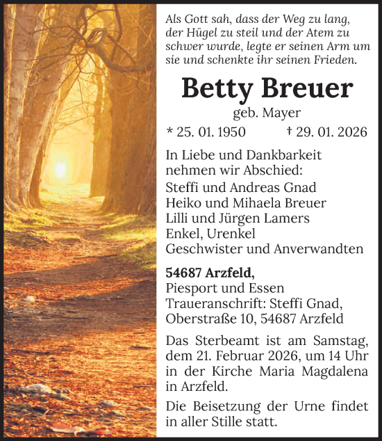 Traueranzeige von Betty Breuer von trierischer_volksfreund