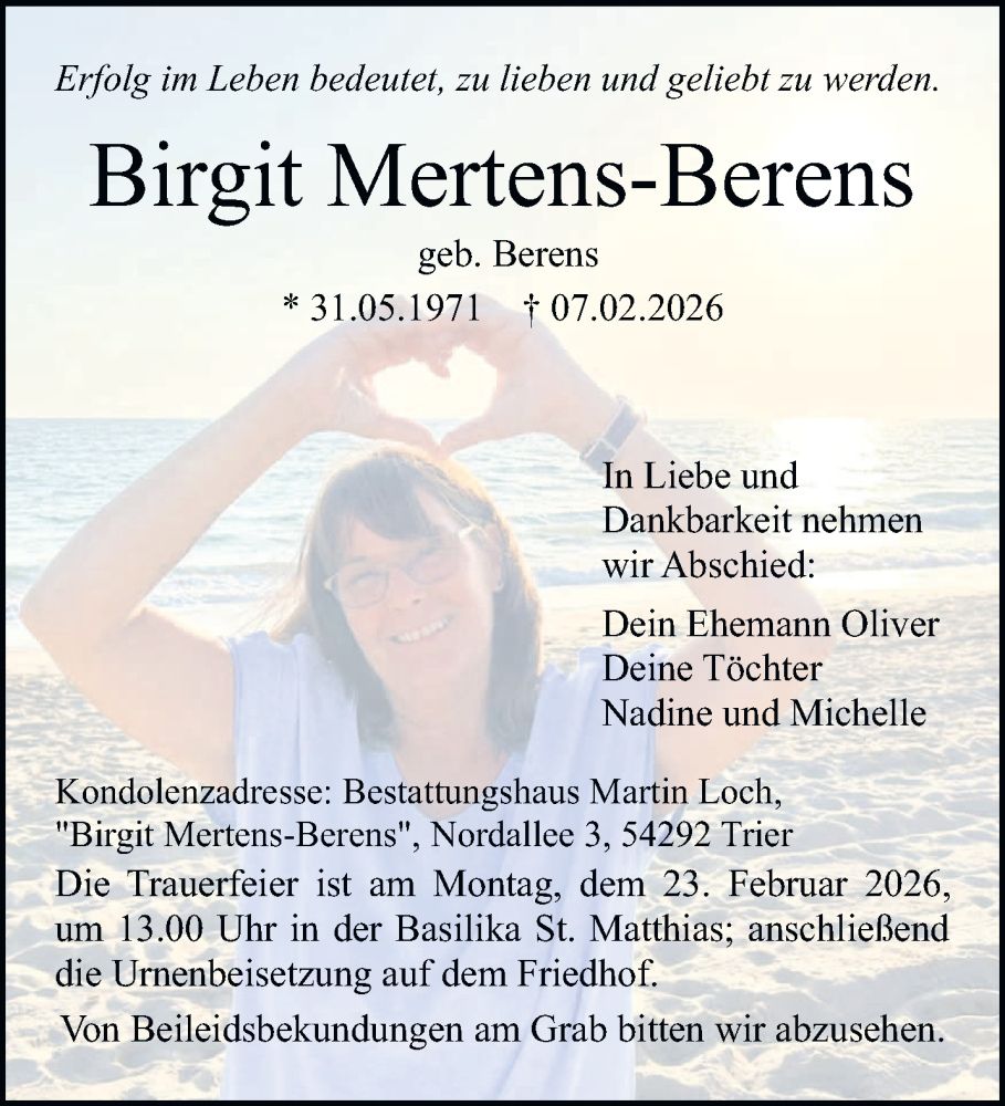  Traueranzeige für Birgit Mertens-Berens vom 14.02.2026 aus trierischer_volksfreund