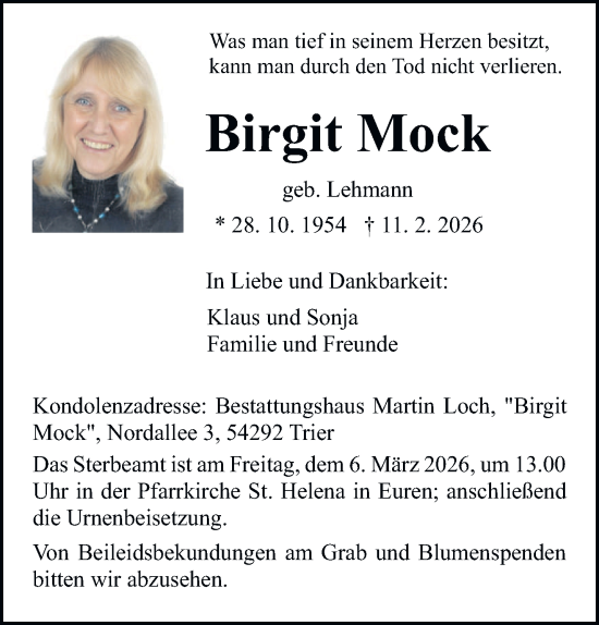 Traueranzeige von Birgit Mock von trierischer_volksfreund
