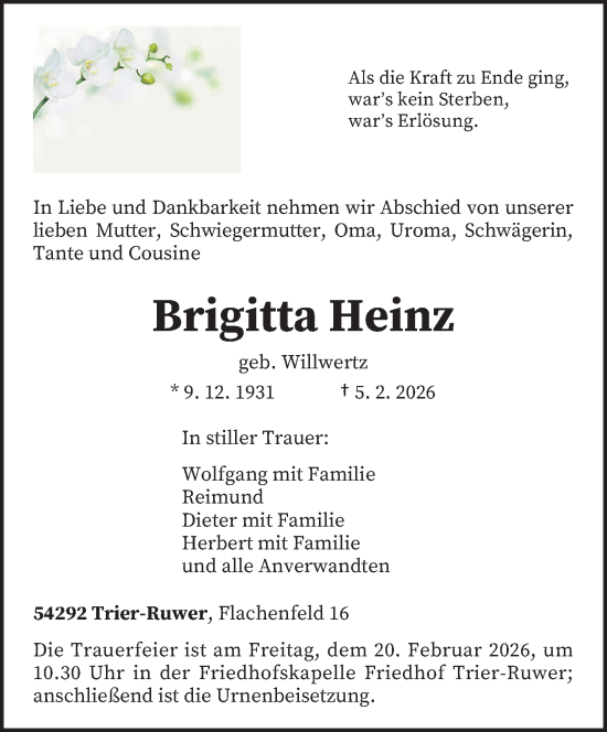 Traueranzeige von Brigitta Heinz von trierischer_volksfreund