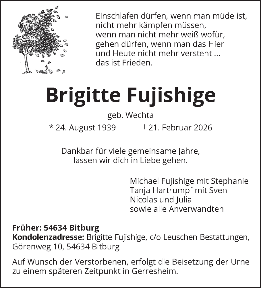  Traueranzeige für Brigitte Fujishige vom 28.02.2026 aus trierischer_volksfreund