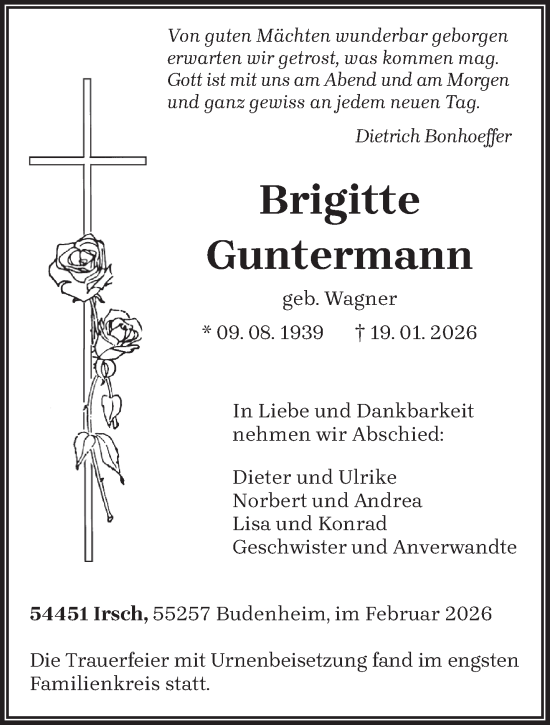 Traueranzeige von Brigitte Guntermann von trierischer_volksfreund