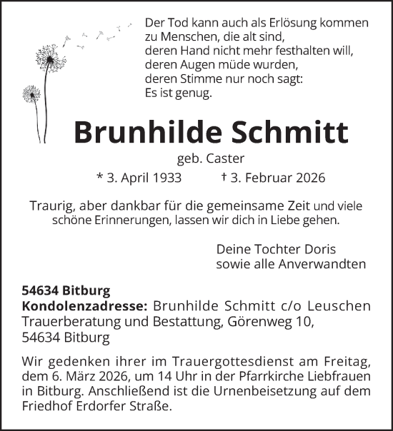 Traueranzeige von Brunhilde Schmitt von trierischer_volksfreund